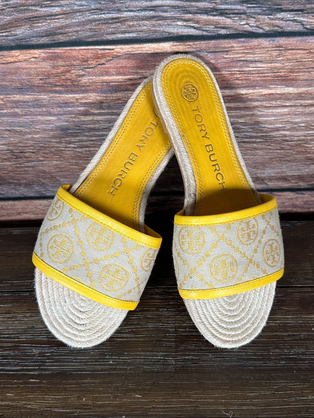 Tory Burch Yellow and Natural T monogram Espadrille Slide Mules